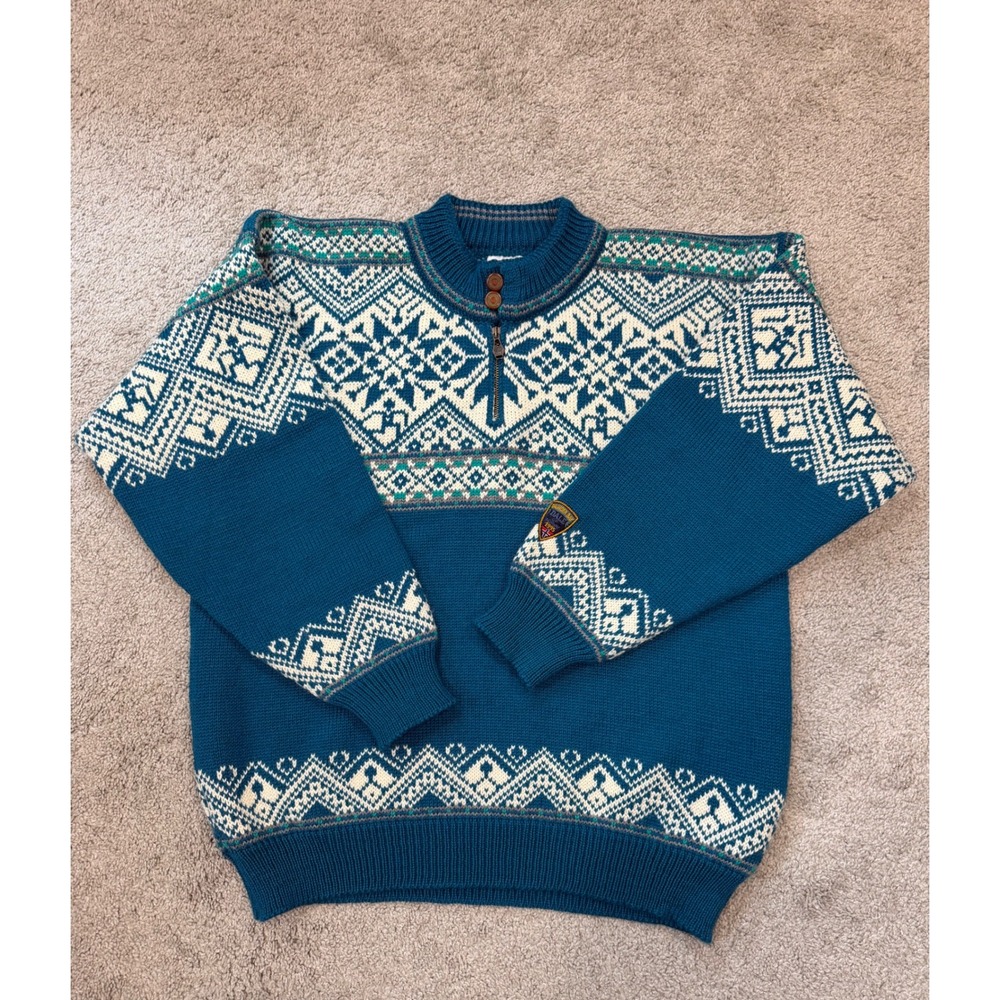 VTG 90's Dale of Norway Thunder Bay Wool Sweater Mens XL Teal Fair Isle Nordic
